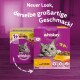 Whiskas Katzenfutterverpackung mit einer grauen Katze, mit dem Text 'Neuer Look, derselbe großartige Geschmack!' und Details über Hühnergeschmack.