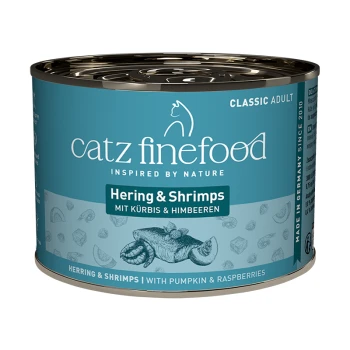 Catz Finefood Classic Adult Katzenfutterdose, Hering & Garnelen mit Kürbis & Himbeeren, hergestellt in Deutschland.