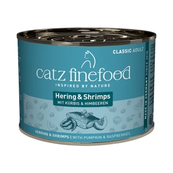 Catz Finefood Classic Adult Katzenfutterdose, Hering & Garnelen mit Kürbis & Himbeeren, hergestellt in Deutschland.