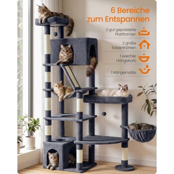 Weicher grauer mehrstufiger Kratzbaum mit sechs Katzen an einem Fenster; sichtbarer deutscher Text „6 Bereiche zum Entspannen“ und Funktionssymbole.