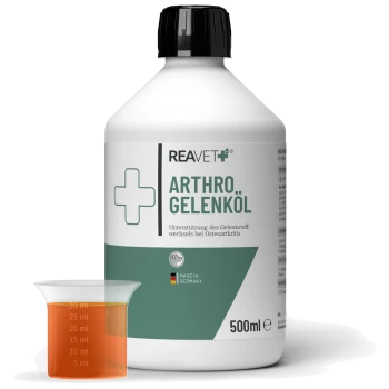 Flasche REAVET Arthro Gelenköl, ein Gelenkunterstützungsöl für Osteoarthritis, mit einem Messbecher, der 30 ml orangefarbener Flüssigkeit zeigt.