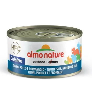 Almo Nature Haustierfutterdose mit Thunfisch, Huhn und Käse; in mehreren Sprachen beschriftet mit bunten Katzensilhouetten.