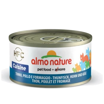 Almo Nature Haustierfutterdose mit Thunfisch, Huhn und Käse; in mehreren Sprachen beschriftet mit bunten Katzensilhouetten.