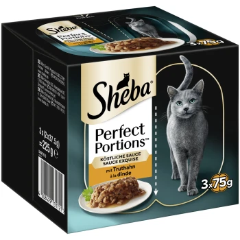 Perfect Portions Nassfutter Katze, Truthahn in Sauce 6x75 g Truthahn Sheba Perfect Portions Katzenfutterverpackung, mit drei 75g Portionen, mit einer Schüssel Truthahn in Sauce und einer grauen Katzensilhouette.