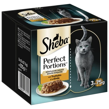 Sheba Perfect Portions kattenvoer verpakking, met drie porties van 75g, met een schotel met kalkoen in saus en een grijze kat silhouet.