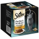 Sheba Perfect Portions Katzenfutterverpackung, mit drei 75g Portionen, mit einer Schüssel Truthahn in Sauce und einer grauen Katzensilhouette.