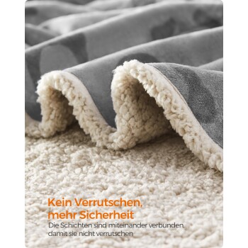 Nahaufnahme einer grauen und cremefarbenen Haustierdecke mit dem Text: "Kein Verrutschen, mehr Sicherheit" und "Die Schichten sind verbunden."