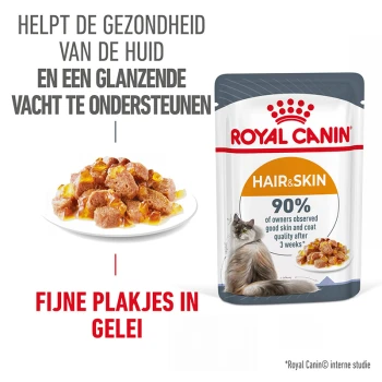Royal Canin Hair & Skin kattenvoer zakje met een bord met vleesstukjes in gelei; tekst benadrukt ondersteuning voor huidgezondheid en eigenaarstevredenheid.