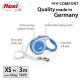 Blue Flexi dog leash with ergonomic soft grip, sturdy tape, and braking system, labeled XS for dogs up to 12 kg, 3m tape.