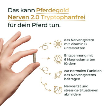 Hand hält Pellet mit deutschem Text 'Pferdegold Nerven 2.0 Tryptophanfrei' und Vorteilen: Vitamin B, Magnesium, ruhigeres Pferd.