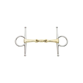 Ein silberner und goldener Pferdegebiss mit einem doppelten Gelenkdesign, das zwei Ringe auf jeder Seite zur Befestigung aufweist.