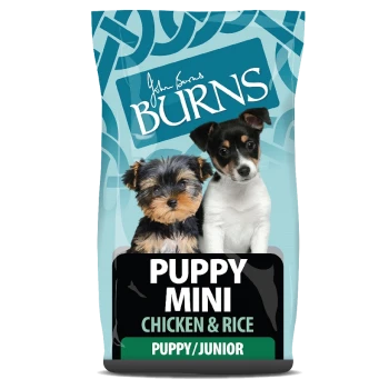 A bag of Burns Puppy Mini dog food featuring two puppies, a Yorkshire Terrier and a Jack Russell, with the text "PUPPY MINI CHICKEN & RICE."