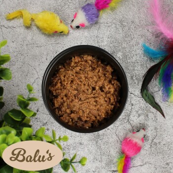 Bolu's Haustierfutter in einer schwarzen Schüssel, umgeben von bunten Spielzeugmäusen und Federn, mit grünen Blättern im Vordergrund.