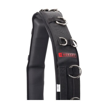Schwarzes Pferdegeschirr mit mehreren Metallringen und gepolstertem Design, mit einem roten '4 HORSES'-Logo.