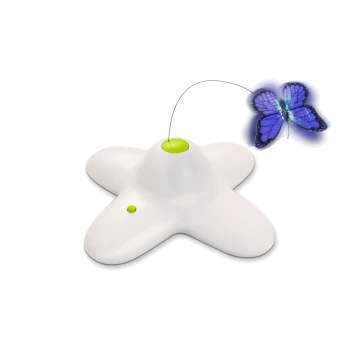 Weißes sternförmiges Katzenspielzeug mit grünem Knopf und einem blauen Schmetterling, der an einem Draht befestigt ist.