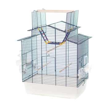 Large multi-level bird cage with wooden perches, colorful ladder, and feeding bowls, designed for small birds.