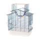 Large multi-level bird cage with wooden perches, colorful ladder, and feeding bowls, designed for small birds.