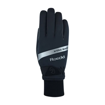 Schwarze Winterhandschuhe mit 'X-TRA WARM' und 'Roeckl'-Markierung, mit einem engen Bündchen und schlankem Design.