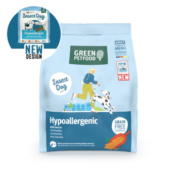 Grünes Petfood Insect Dog hypoallergenes, getreidefreies Hundefutter für erwachsene Hunde mit Insektenprotein, neues Design, deutsche Qualität.