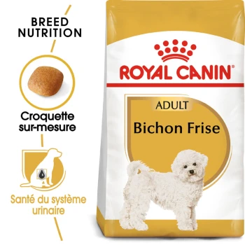 Sac de nourriture pour chien Royal Canin Bichon Frise avec un chien Bichon Frise blanc, avec un texte mettant en avant la nutrition de la race et la santé urinaire.