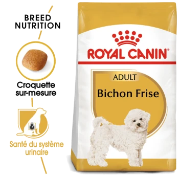 Sac de nourriture pour chien Royal Canin Bichon Frise avec un chien Bichon Frise blanc, avec un texte mettant en avant la nutrition de la race et la santé urinaire.