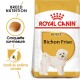 Sac de nourriture pour chien Royal Canin Bichon Frise avec un chien Bichon Frise blanc, avec un texte mettant en avant la nutrition de la race et la santé urinaire.