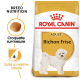 Sac de nourriture pour chien Royal Canin Bichon Frise avec un chien Bichon Frise blanc, avec un texte mettant en avant la nutrition de la race et la santé urinaire.