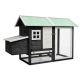 Ein hölzernes Haustierhaus mit grünem Dach, ausgestattet mit einem kleinen Fenster, einer Tür und einem Netzgehege zur Belüftung.