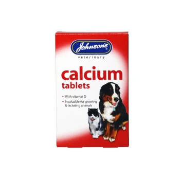 Johnson's veterinary calcium tablets box with dog and cat; visible text 'calcium tablets' and 'With vitamin D'