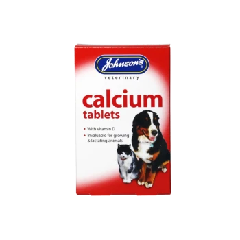 Johnson's veterinary calcium tablets box with dog and cat; visible text 'calcium tablets' and 'With vitamin D'