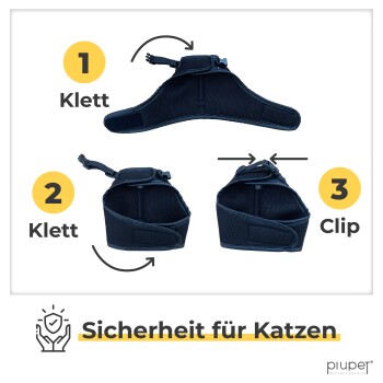 Anleitung für Katzengeschirre: Schritt 1 - Klettverschluss, Schritt 2 - Klettverschluss, Schritt 3 - Clip. Unterer Text: "Sicherheit für Katzen."