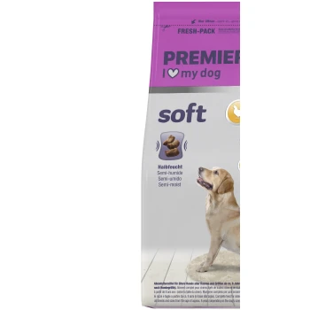 Bag of Premiere I love my dog Senior soft semi-moist poultry dog food, 1 kg, with image of a sitting Labrador Retriever