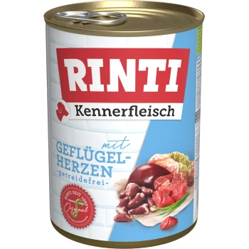 Dosen-Haustierfutter mit der Aufschrift 'RINTI Kennerfleisch mit Geflügelherzen - getreidefrei', das verschiedene Fleischstücke und Herzen auf der Verpackung zeigt.