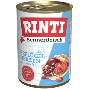 Dosen-Haustierfutter mit der Aufschrift 'RINTI Kennerfleisch mit Geflügelherzen - getreidefrei', das verschiedene Fleischstücke und Herzen auf der Verpackung zeigt.