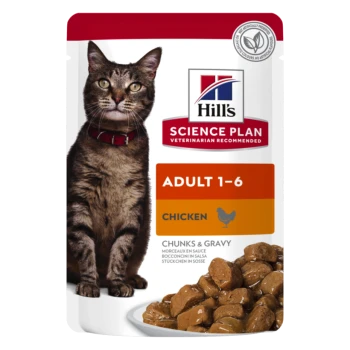 Hill's Science Plan Katzenfutterbeutel mit getigerter Katze, Aufschrift 'ADULT 1-6 CHICKEN' und Schüssel mit Stücken und Soße