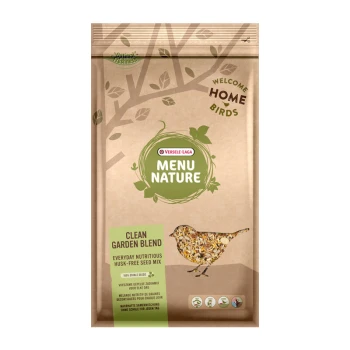 Eine Tüte Versele-Laga Menu Nature Clean Garden Blend Vogelfutter mit einer bunten Vogelillustration und dem Etikett "schalenfrei."