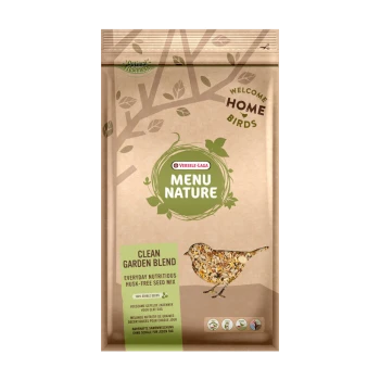 Een zak Versele-Laga Menu Nature Clean Garden Blend vogelzaad met een kleurrijke vogelillustratie en het label "huls-vrij."