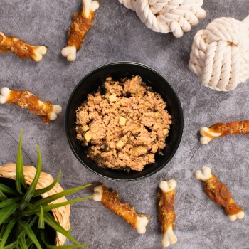 Vogelperspektive auf eine schwarze Schüssel mit stückigem Nassfutter für Hunde, umgeben von verpackten Knochenkauartikeln, Tau-Spielzeugen und einer Topfpflanze auf einer grauen Matte.