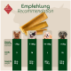 Tabelle mit Empfehlungen für Hundeleckerlis nach Gewicht: <7kg (S), 7-10kg (M), 10-15kg (L), >15kg (XL).