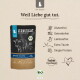 Liebesgut Bio‑Katzenfutterbeutel mit Kuhillustration, Slogan 'Weil Liebe gut tut.', BIO‑Label und sichtbaren glutenfreien Symbolen