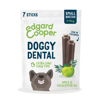 Friandises dentaires Edgard Cooper pour chiens de petites races, contenant 7 bâtonnets, faibles en calories, avec de la pomme et de l'huile d'eucalyptus.