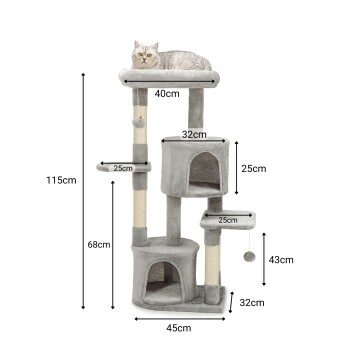 Ein grauer Katzenbaum mit einer Höhe von 115 cm, mit einer Ruheplattform, Kratzpfosten und einem gemütlichen Versteck, mit in Zentimetern beschrifteten Abmessungen.