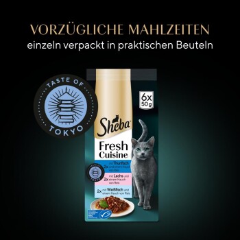 Verpackung von Sheba Fresh Cuisine Katzenfutter mit dem Logo "Taste of Tokyo", mit Geschmacksrichtungen wie Thunfisch, Lachs und Weißfisch, 6x50g.