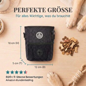 Ein Mann in einem hellblauen Hemd und Jeansshorts füttert einen Labrador Retriever in einem grasbewachsenen Feld. Text lautet "Ein gesunder Hund" und "LFGB geprüfte Materialien."