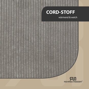 Grauer Cordstoff mit vertikalen Streifen, beschriftet mit 'CORD-STOFF' und 'wärmend & weich', mit dem Rohrsneider-Logo.