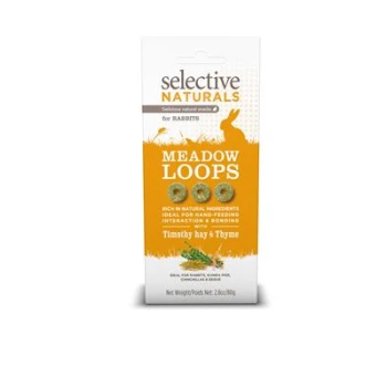 Selective Naturals Meadow Loops for rabbits, featuring a white package with orange accents, highlighting natural ingredients and ideal for bonding.