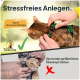 Person, die einer Katze ein grünes Geschirr anlegt, hebt "Stressfreies Anlegen" und "Vermeidet gefährliches Überkopf ziehen" hervor.