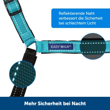 Ein türkisfarbenes Hundegeschirr mit reflektierenden Nähten, beschriftet mit "EASY WALK®", das Sicherheitsmerkmale für schwaches Licht hervorhebt.