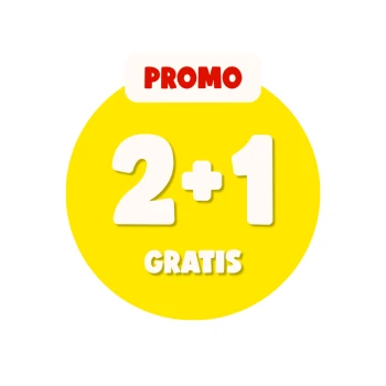 Promobadge dierenwinkel: gele cirkel met label 'PROMO' en grote witte '2+1' boven de tekst 'GRATIS'