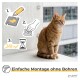 Orangegetigerte Katze auf einem Balkon hinter einem Schutznetz; Einblendung mit 3-Schritte-Klebeinstallationssymbolen zeigt '24h' und 'Einfache Montage ohne Bohren' sowie 'piupet'.